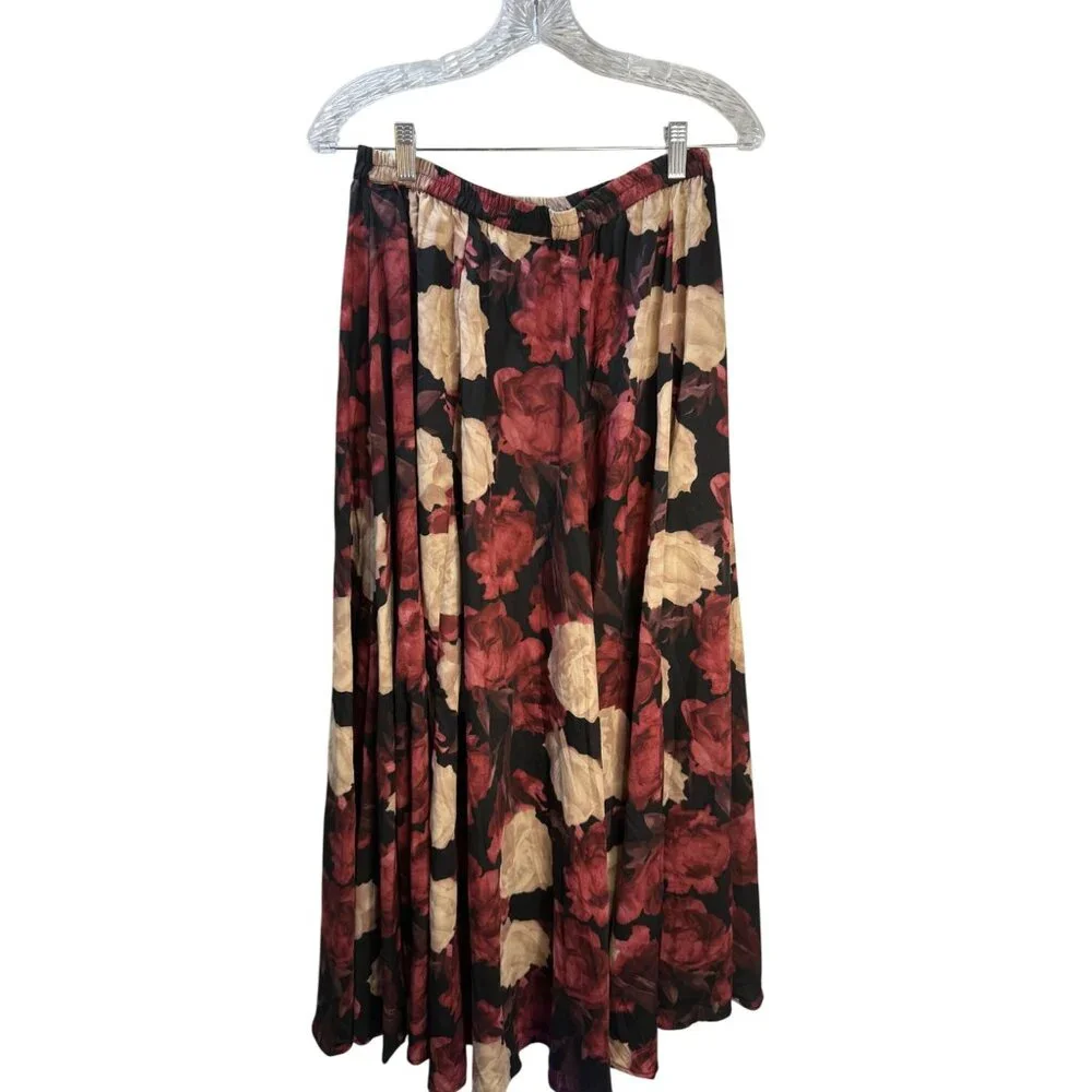 Roz & Ali Floral Maxi Skirt S Elastic Waist Red & Cream Flowers Flowy Lightweigh